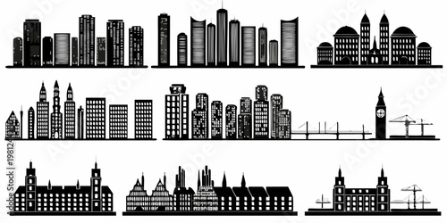 Black and white illustration of varied city skylines and architecture