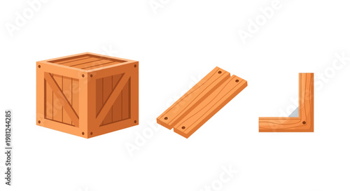Wooden crate construction with disassembled parts including planks