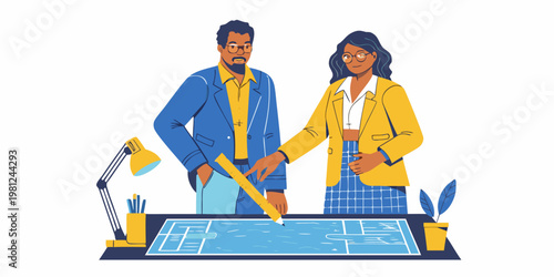 Two professionals collaboratively reviewing architectural plans with focused discussion