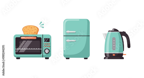 Modern kitchen appliance set: toaster refrigerator and electric