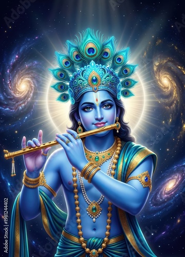 Divine Krishna Playing Flute Cosmic Aura.