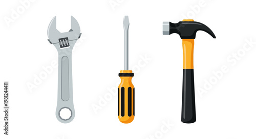 Realistic tool set: wrench screwdriver hammer on white background