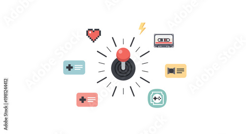 Retro gaming icons set: colorful joystick health and music symbols
