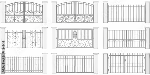 Collection of ornate wrought iron gates and fence panels in grayscale