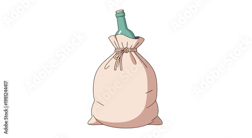 Bottle wrapped in sack with strings - cartoon style artwork on white