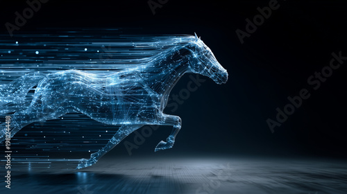 Glassmorphism gallopin racehorse silhouette with neon trails representing digital momentum for Kentucky Derby season