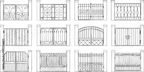 Collection of ornate wrought iron gate designs in black and white