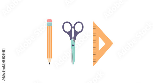 Simple school supplies: pencil scissors and ruler on white background