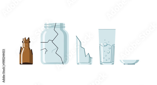 Broken glass objects and their shadows on a clean white background