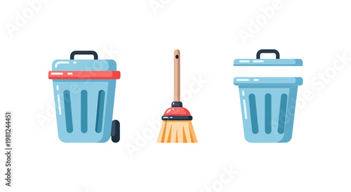 Flat style trash cans and broom for cleaning and waste management