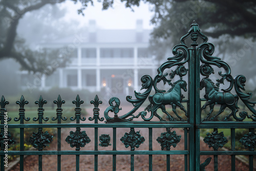 Intricate wrought iron gate with stylized equestrian motifs leading to white mansion for summer garden party