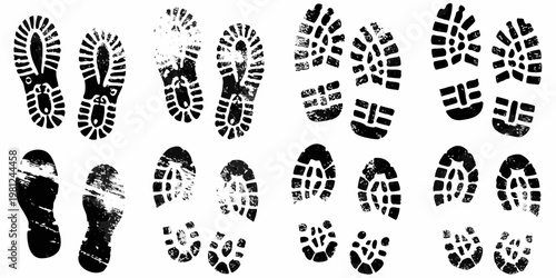 Collection of various black footprints and shoe sole patterns on white
