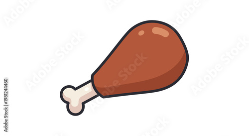 Cartoon style juicy chicken drumstick on white background