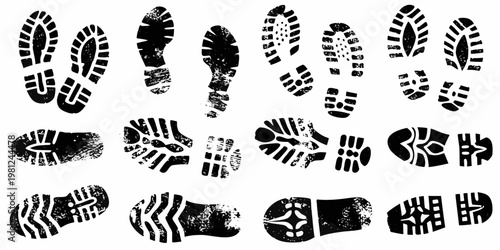 Collection of diverse shoe prints and sole patterns in black ink