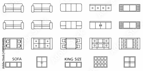 Top down views of furniture including sofas cabinets and a king size bed