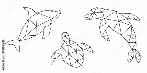 Geometric marine life a dolphin turtle and whale rendered in lines