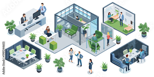 Isometric illustration of a modern office space with diverse employees