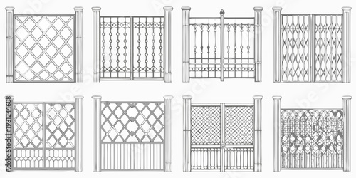 Detailed illustrations of ornate vintage wrought iron gate and fence designs