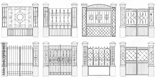 Detailed illustration of ornate wrought iron gate and fence designs