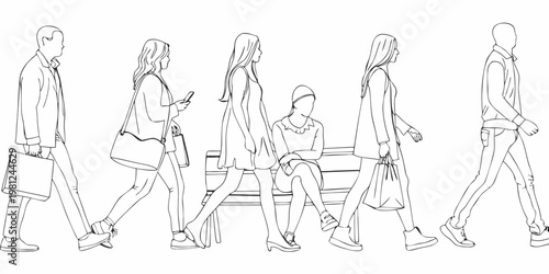 Line art illustration of people walking and sitting in a public space