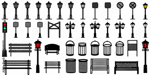 Collection of various black and white street furniture and park elements