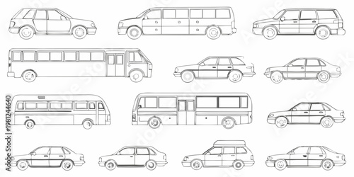 Collection of various vehicle outlines cars vans and buses