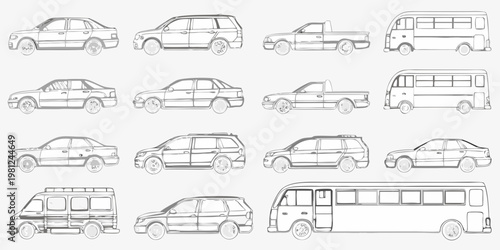 Tablou pe pânză Line art illustration of various vehicles including cars trucks and vans