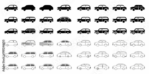 Collection of diverse vehicle silhouettes in a grid arrangement