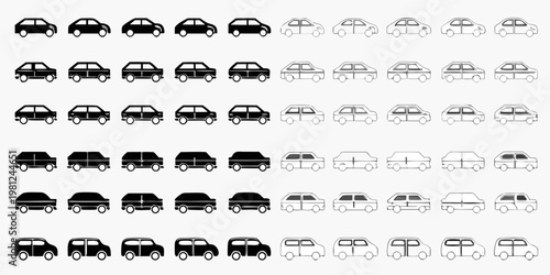 Collection of simplified car icons in black and white arranged in rows