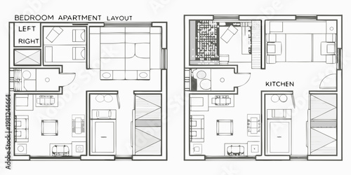 Architectural plan displaying a two bedroom apartment layout with furniture