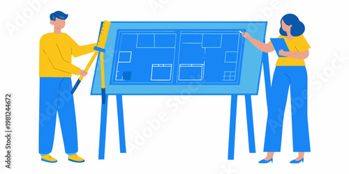 Architects collaborating on a blueprint design with a large drawing board
