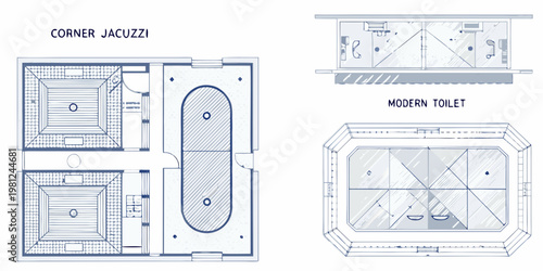 Architectural floor plans displaying bathroom layouts with jacuzzi and toilet