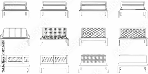 Line art illustration displaying twelve different chair designs in a grid