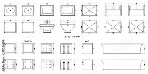 Architectural blueprint displaying various bathroom fixture layouts and dimensions