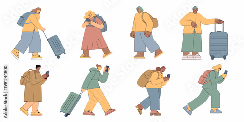 Diverse group of people traveling with luggage and using mobile devices