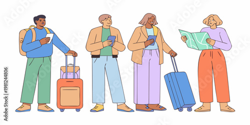 A group of diverse travelers with luggage navigating a journey together