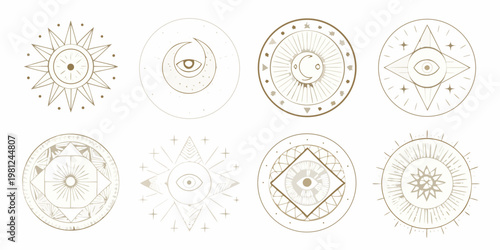 Eight celestial symbols featuring suns moons and stars in minimalist style