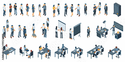 Isometric illustration depicting diverse people in modern office environments
