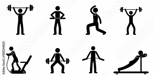 Stick figures demonstrating various weightlifting and exercise routines
