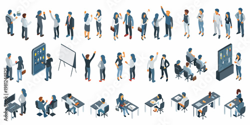 Isometric illustration depicting diverse business people and office scenes