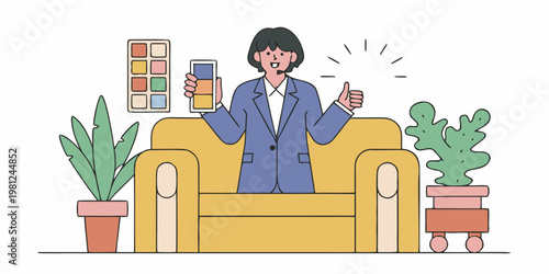Woman presenting a color palette on her phone while seated on a sofa