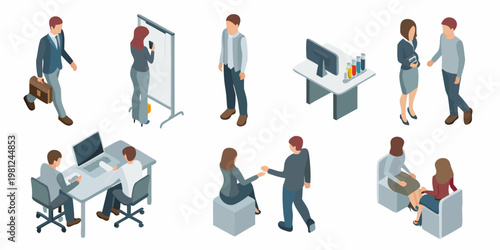 Isometric illustration depicting diverse people collaborating in modern office spaces