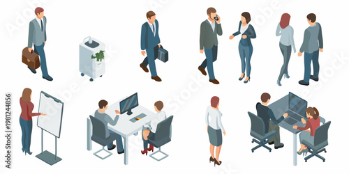 Isometric illustration depicting diverse people in modern office environments