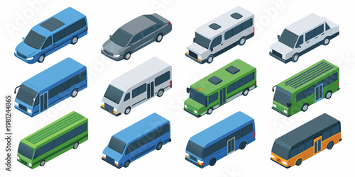 Isometric illustration depicting a colorful collection of various public transport vehicles