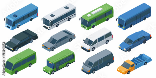 Isometric illustration depicting a colorful collection of various public transportation vehicles