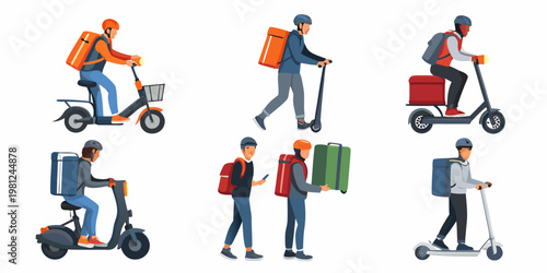 Diverse delivery workers using various transportation methods for fast service