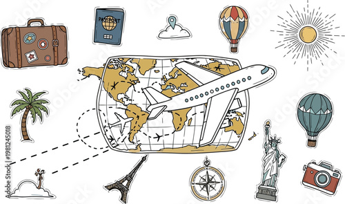 Hand drawn travel icons suitcase airplane landmarks adventure sketch set