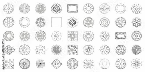 Collection of ornate circular and geometric designs in grayscale