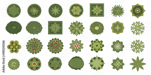 An assortment of colorful stylized top down views of trees and bushes