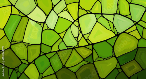 Green stained glass mosaic pattern with various shades and shapes  decorative design element